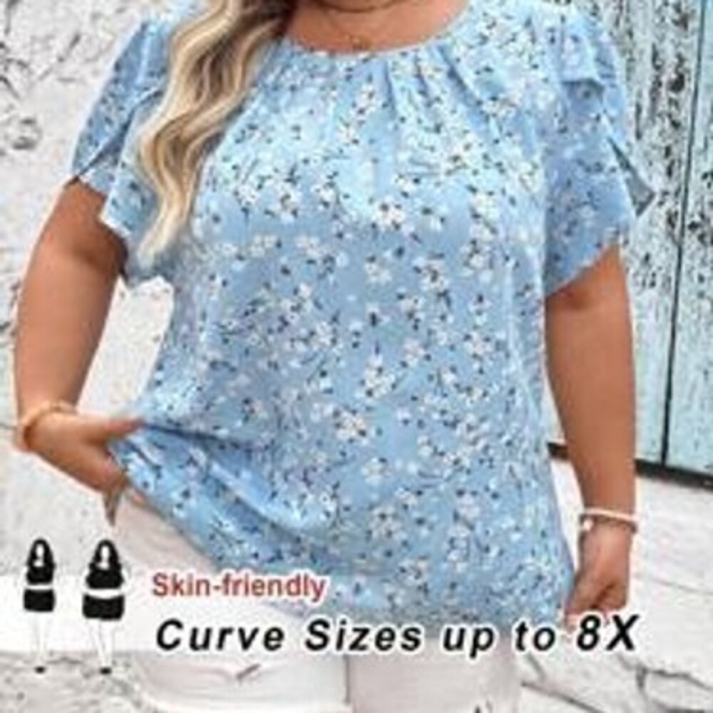 SHEIN CURVE+ Plus Size Women's Vacation Countryside Floral Pleated Short Sleeve…